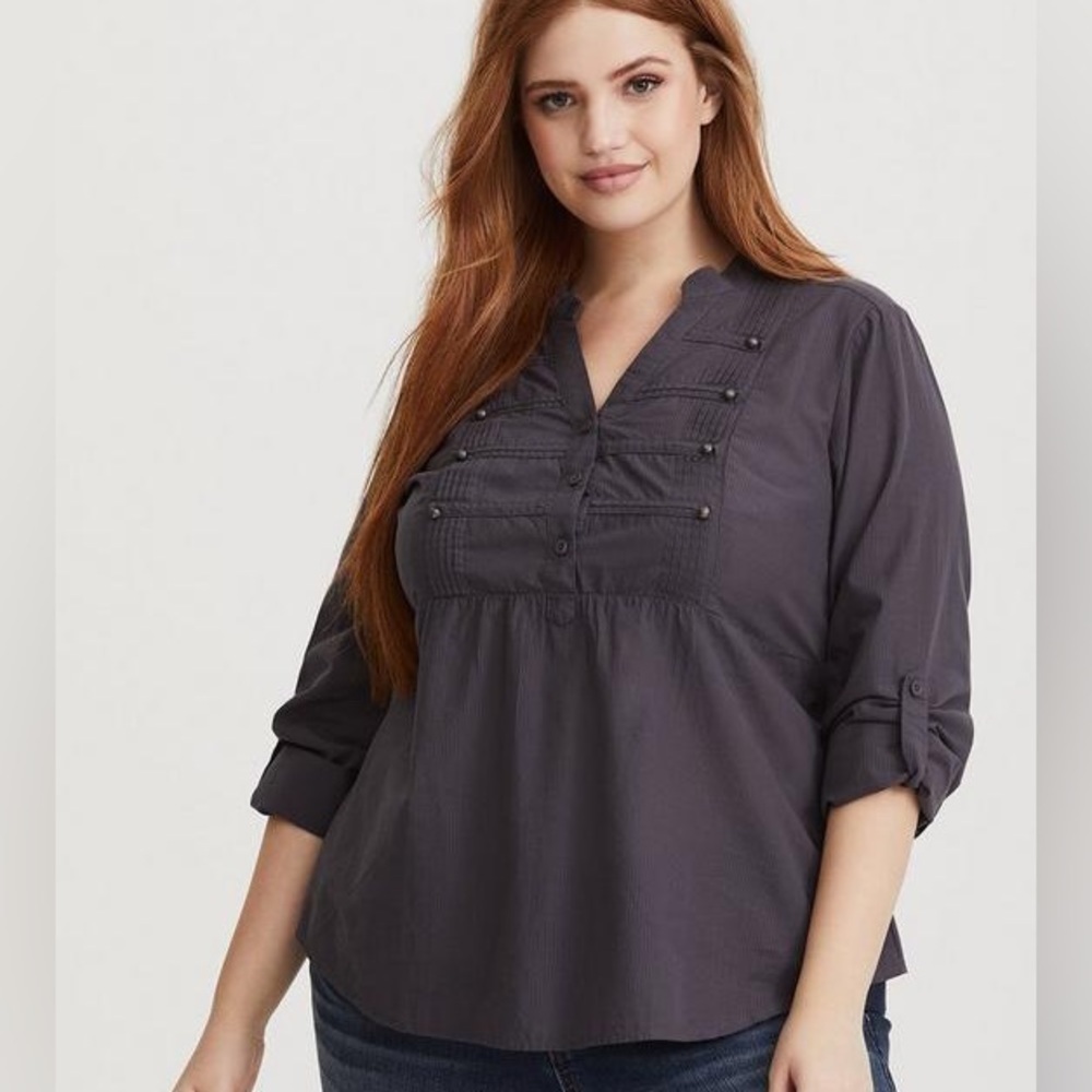Torrid Dark Grey Military Poplin Blouse in purple gray with button details